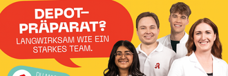 junge Menschen, PTA, PKA, Apotheker, Apothekerin mit Sprechblase in der steht: Depotpräparat? Landwirksam wie ein starkes Team.